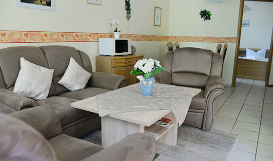 Barrierearme Ferienwohnung 5 in Haselünne: 45 m² für 2 Personen mit überdachter Sitzecke und komfortabler Ausstattung auf dem Ferienhof Niemann im Emsland.